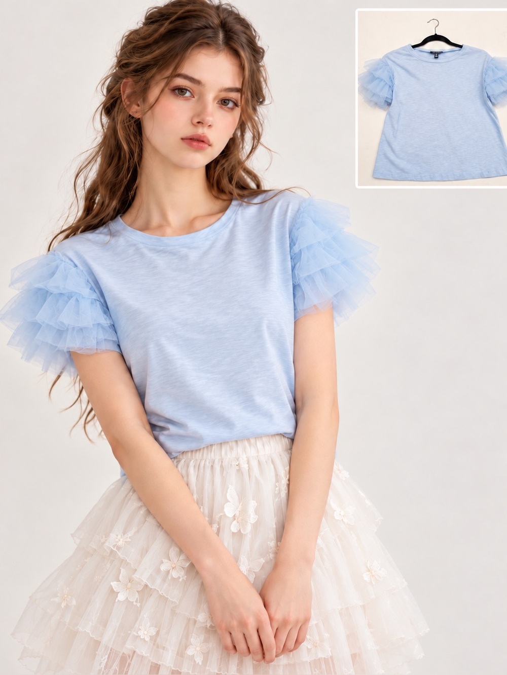 Lea & Viola Light Blue Tulle Puff-Sleeve Top Fairycore Ballet Coquette